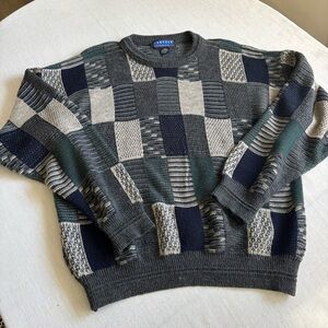 Vintage Jantzen Grey Patchwork Knit Sweater Men’s L Retro Coogi Style
